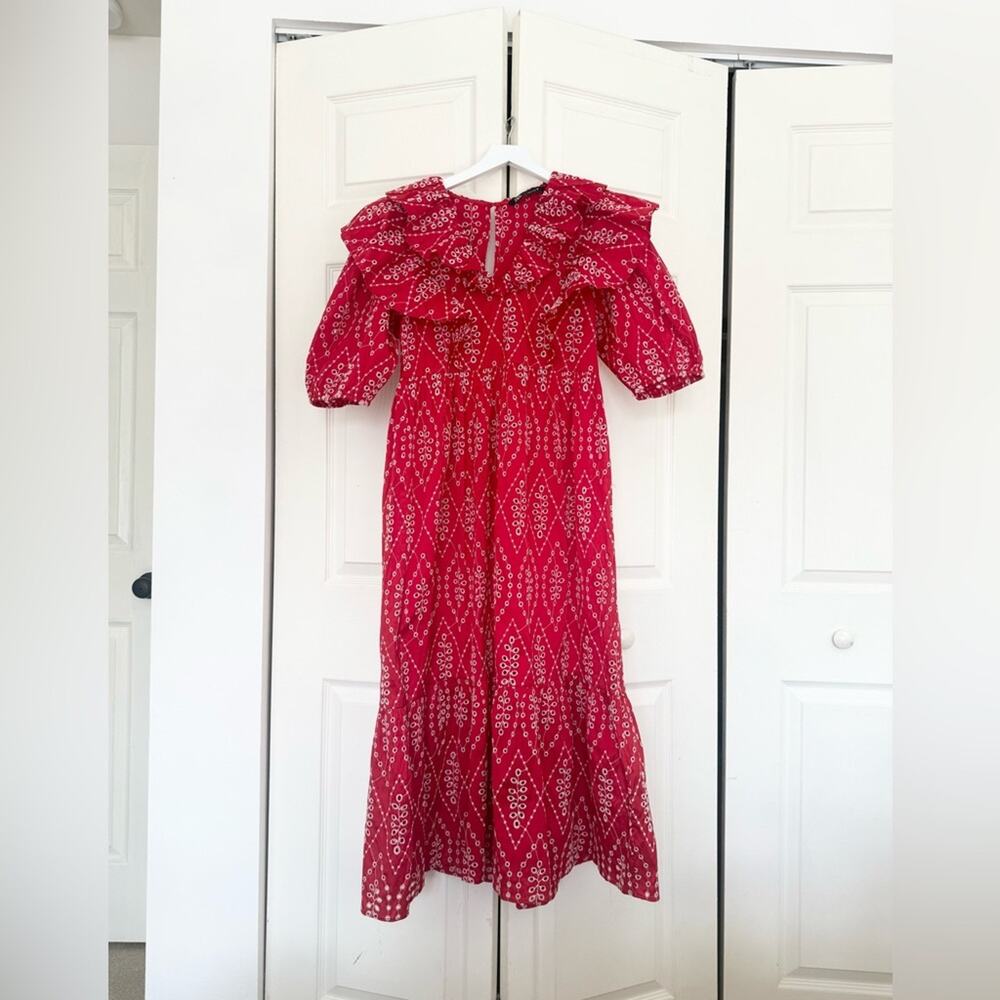 ZARA Red & White Eyelet Ruffle Puff Sleeve Short Sleeve Midi Dress Size XS - Picture 4 of 8